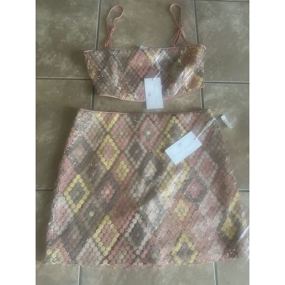 CAROLINE CONSTAS Other - NWT CAROLINE CONSTAS Sequin Crop Top & Skirt Set Pink Size 10